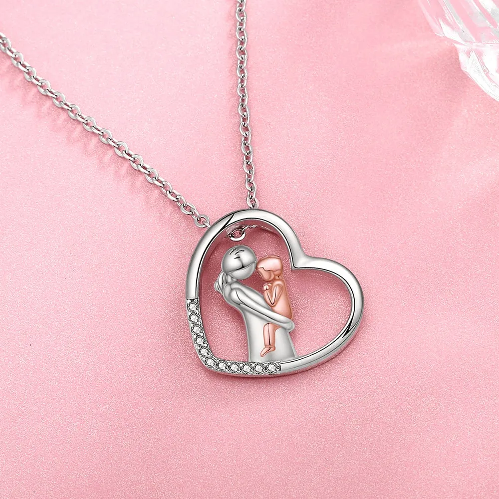 Mom Hugged Child Heart Zircon Pendant Necklace 925 Sterling Silver Rose Gold Baby Chain For Women Fine Jewelry Mother's Day Gift