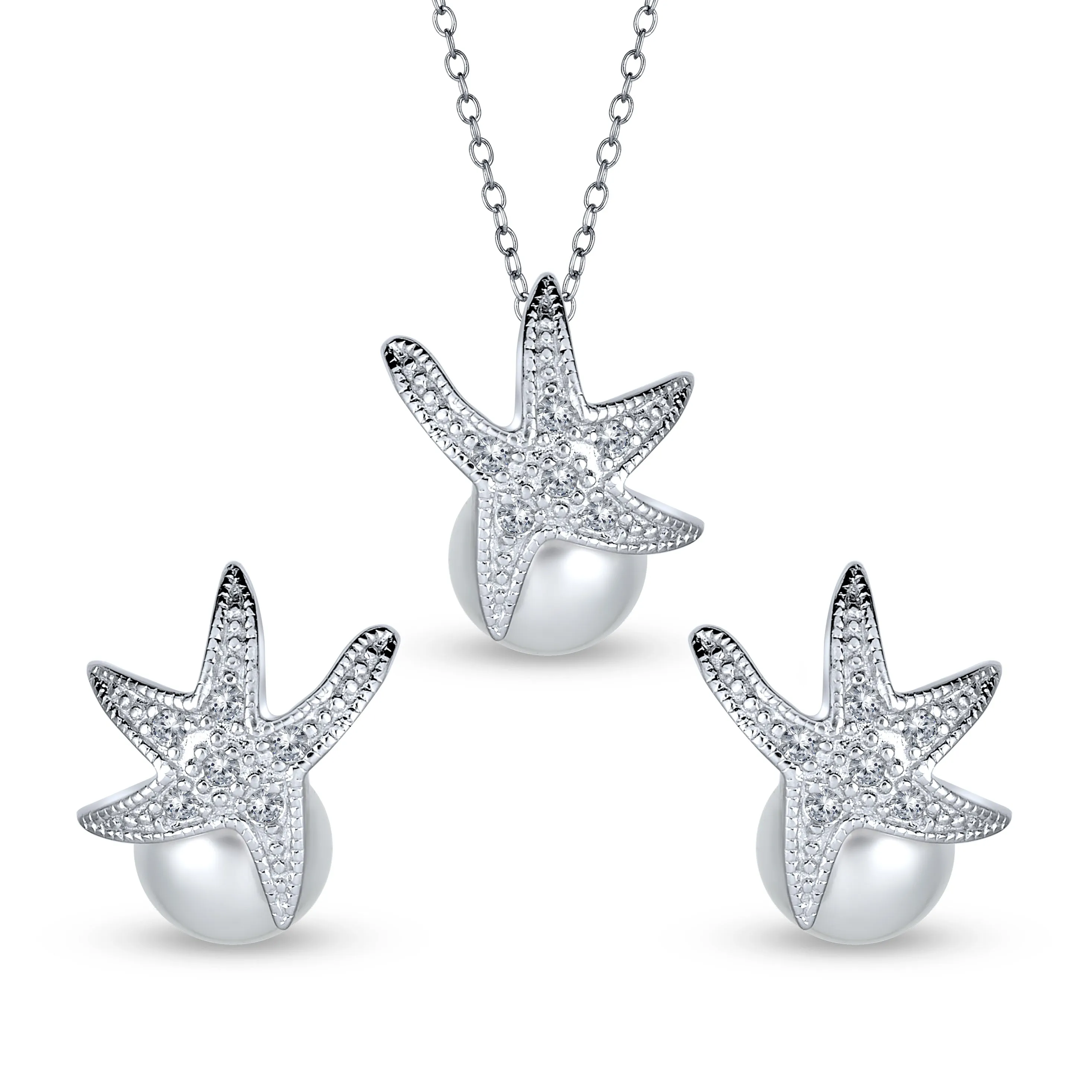 Nautical Bride CZ Starfish Pendant Necklace & Pearl Earrings Jewelry Set