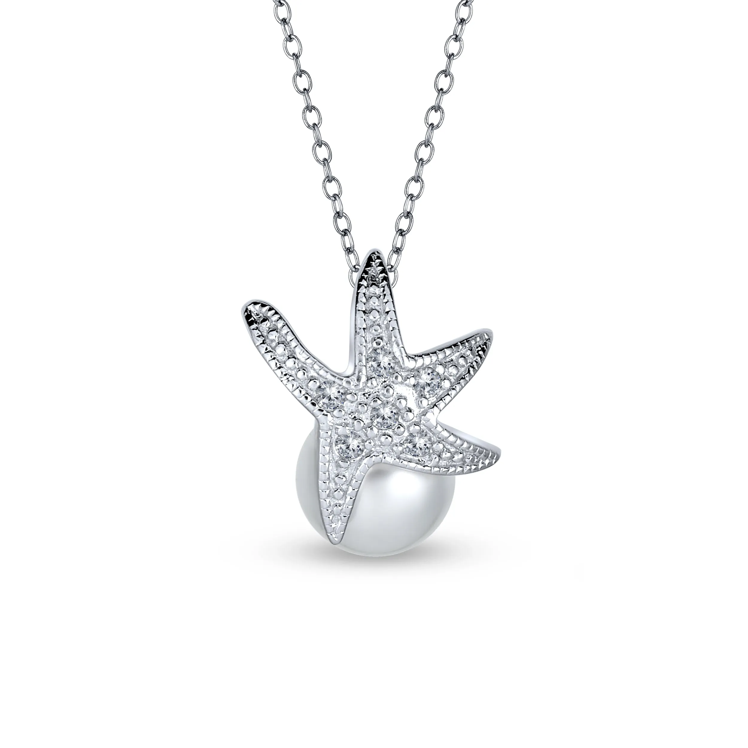 Nautical Bride CZ Starfish Pendant Necklace & Pearl Earrings Jewelry Set