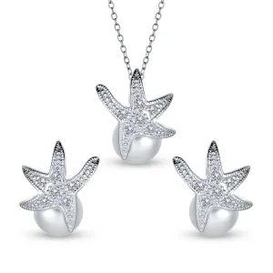 Nautical Bride CZ Starfish Pendant Necklace & Pearl Earrings Jewelry Set