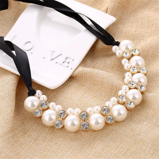 New Design Lace Chain Choker Necklace Hi-end Vivi big imitation pearl rhinestone necklace for Women