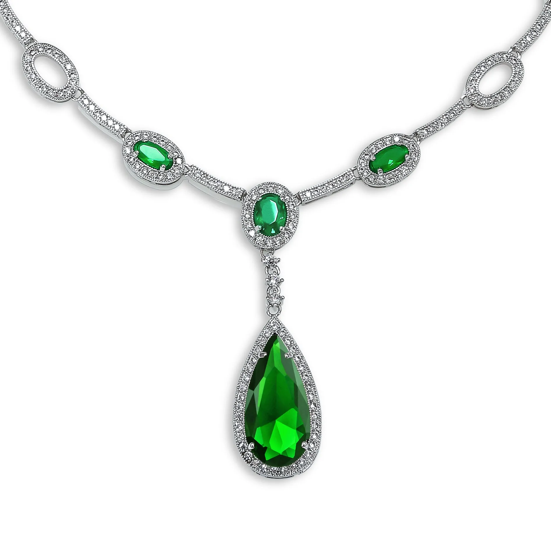 Oval Fashion Collar Necklace with Blue or Green Simulated Gemstone Teardrop