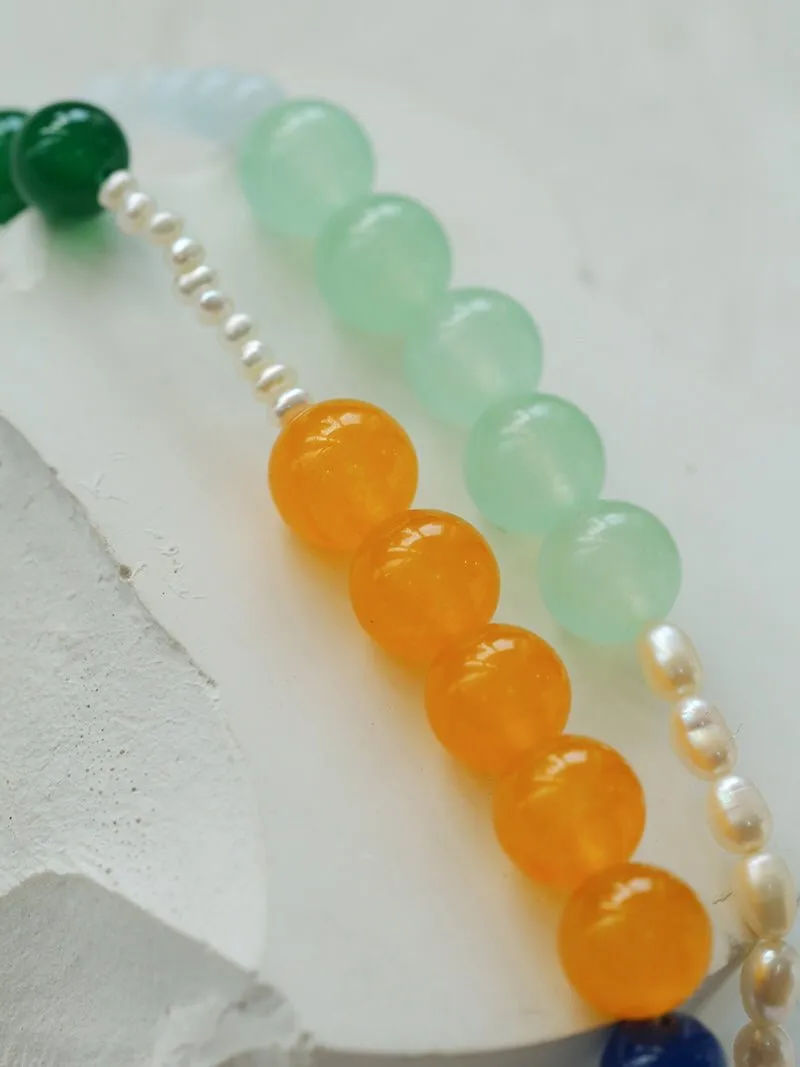 Pearl and Multicolored Gemstone Beaded Necklace-Yellow Blue Green Necklace