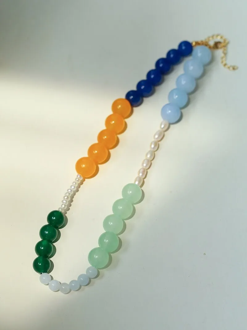 Pearl and Multicolored Gemstone Beaded Necklace-Yellow Blue Green Necklace