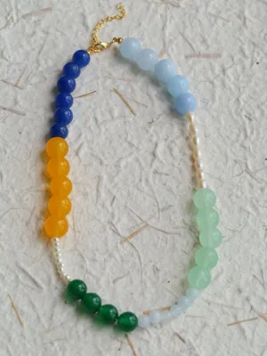 Pearl and Multicolored Gemstone Beaded Necklace-Yellow Blue Green Necklace