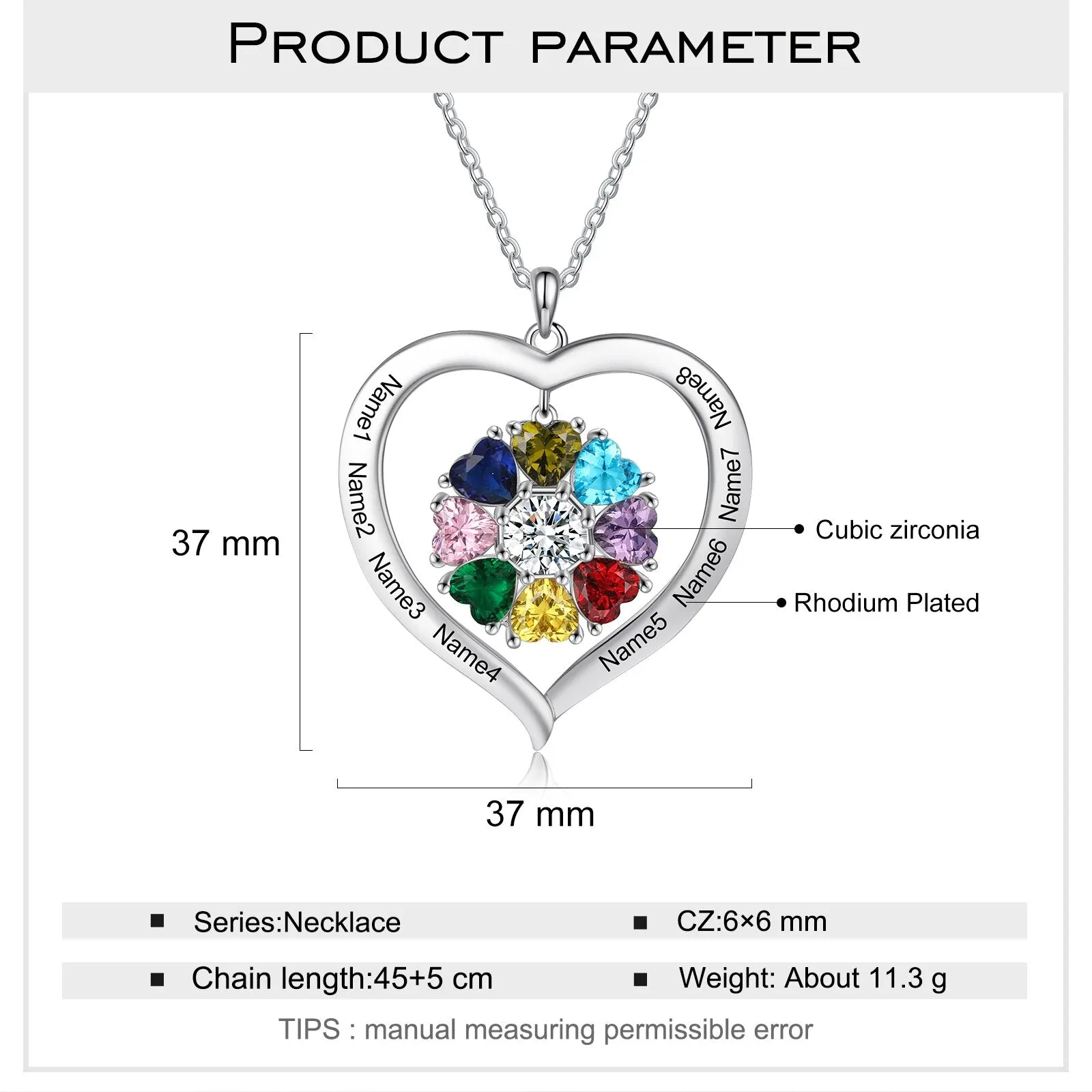 Personalized Heart Name Necklace with 1-8 Engraving Birthstone Pendant