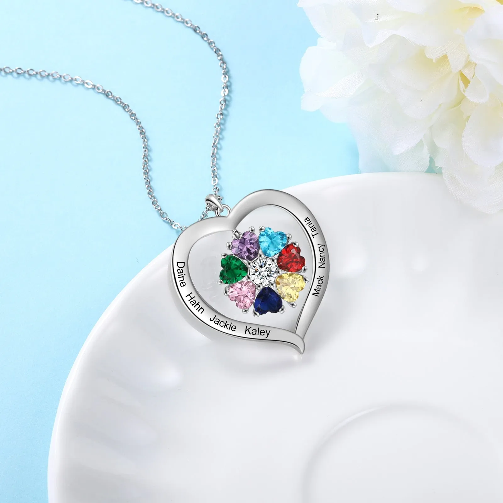 Personalized Heart Name Necklace with 1-8 Engraving Birthstone Pendant