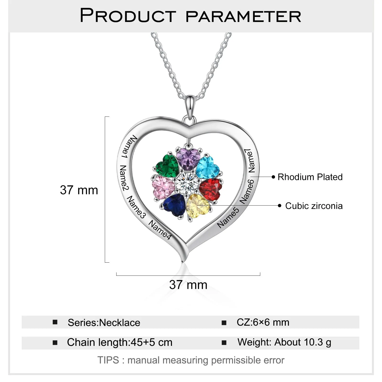 Personalized Heart Name Necklace with 1-8 Engraving Birthstone Pendant