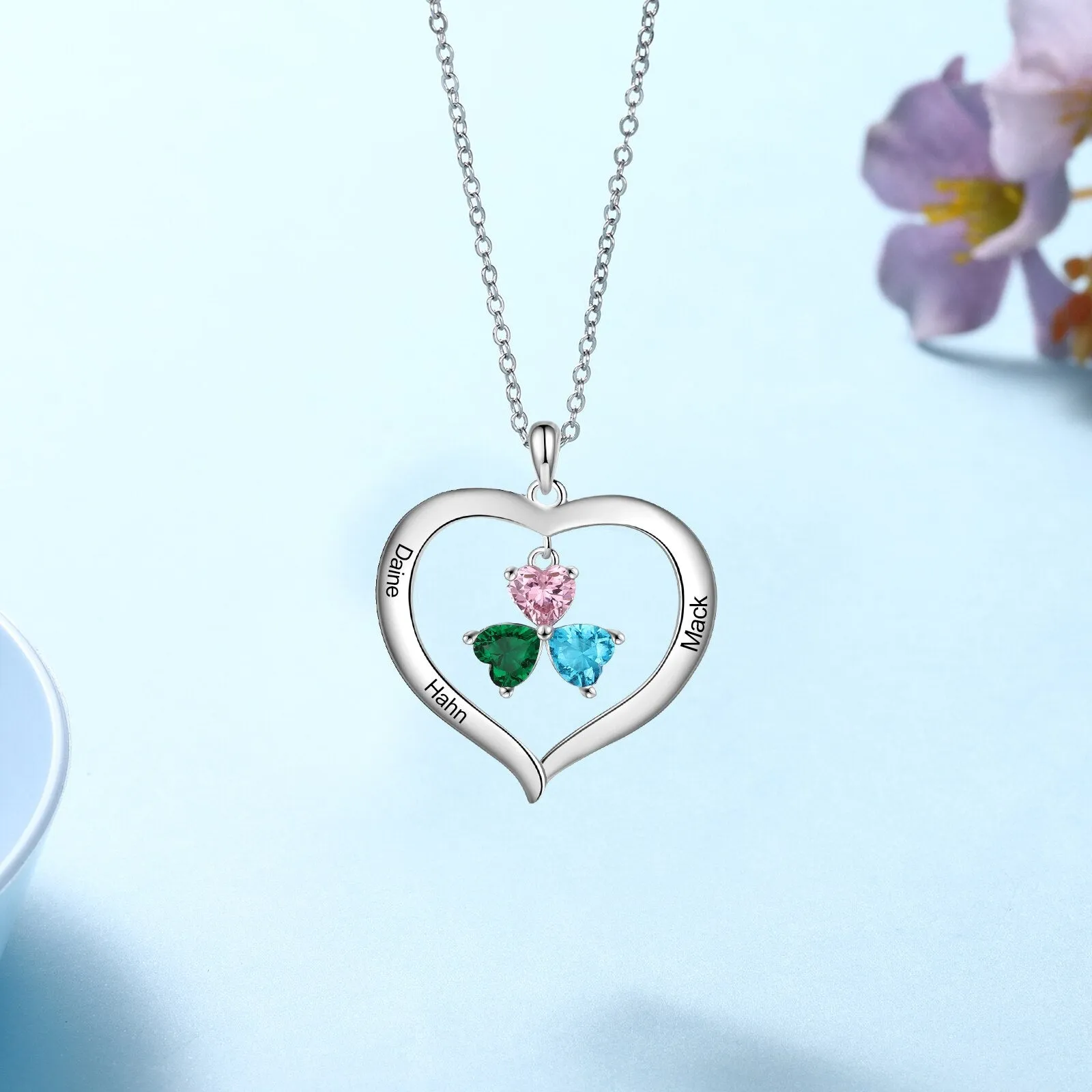 Personalized Heart Name Necklace with 1-8 Engraving Birthstone Pendant