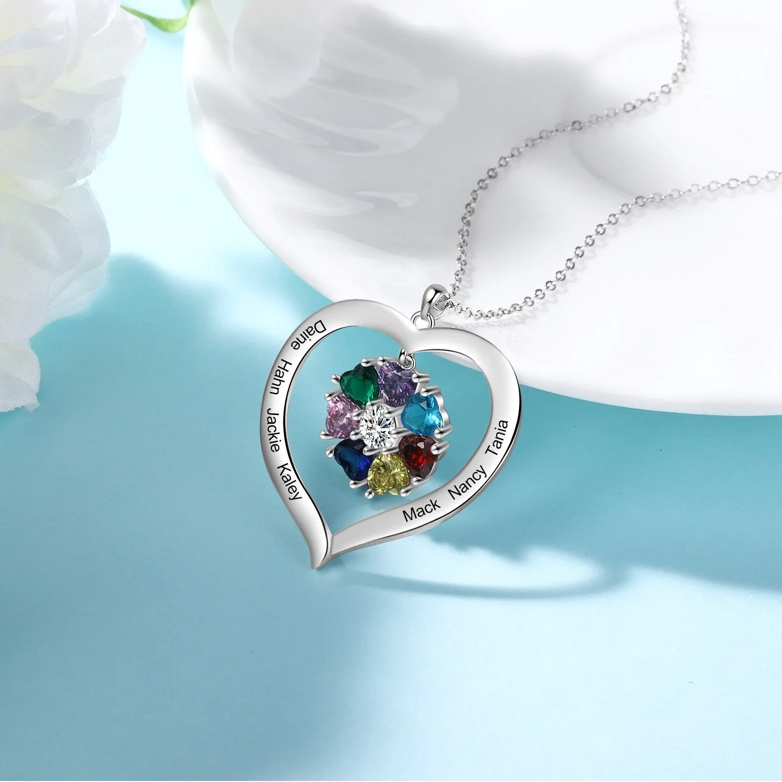 Personalized Heart Name Necklace with 1-8 Engraving Birthstone Pendant