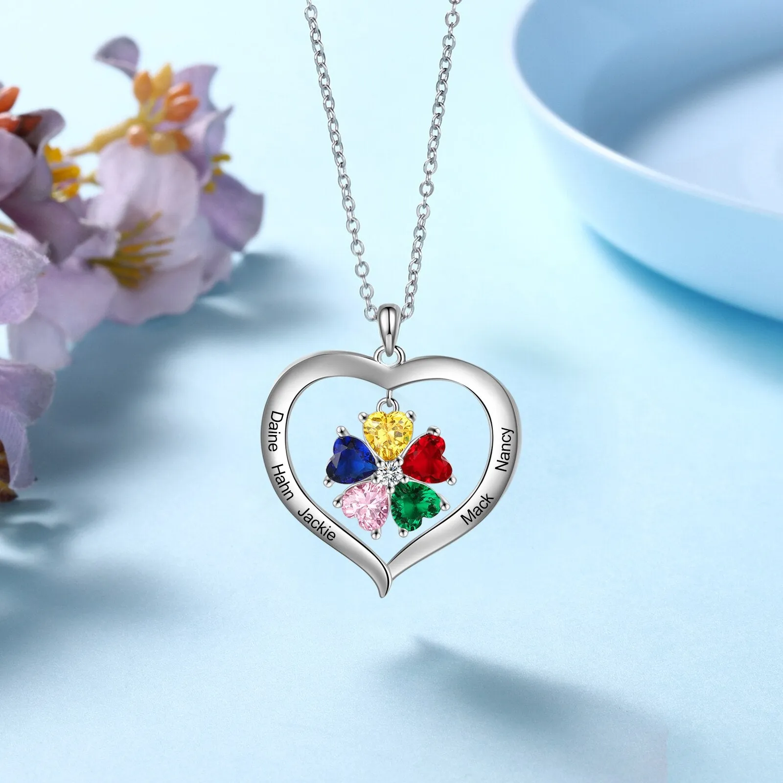 Personalized Heart Name Necklace with 1-8 Engraving Birthstone Pendant