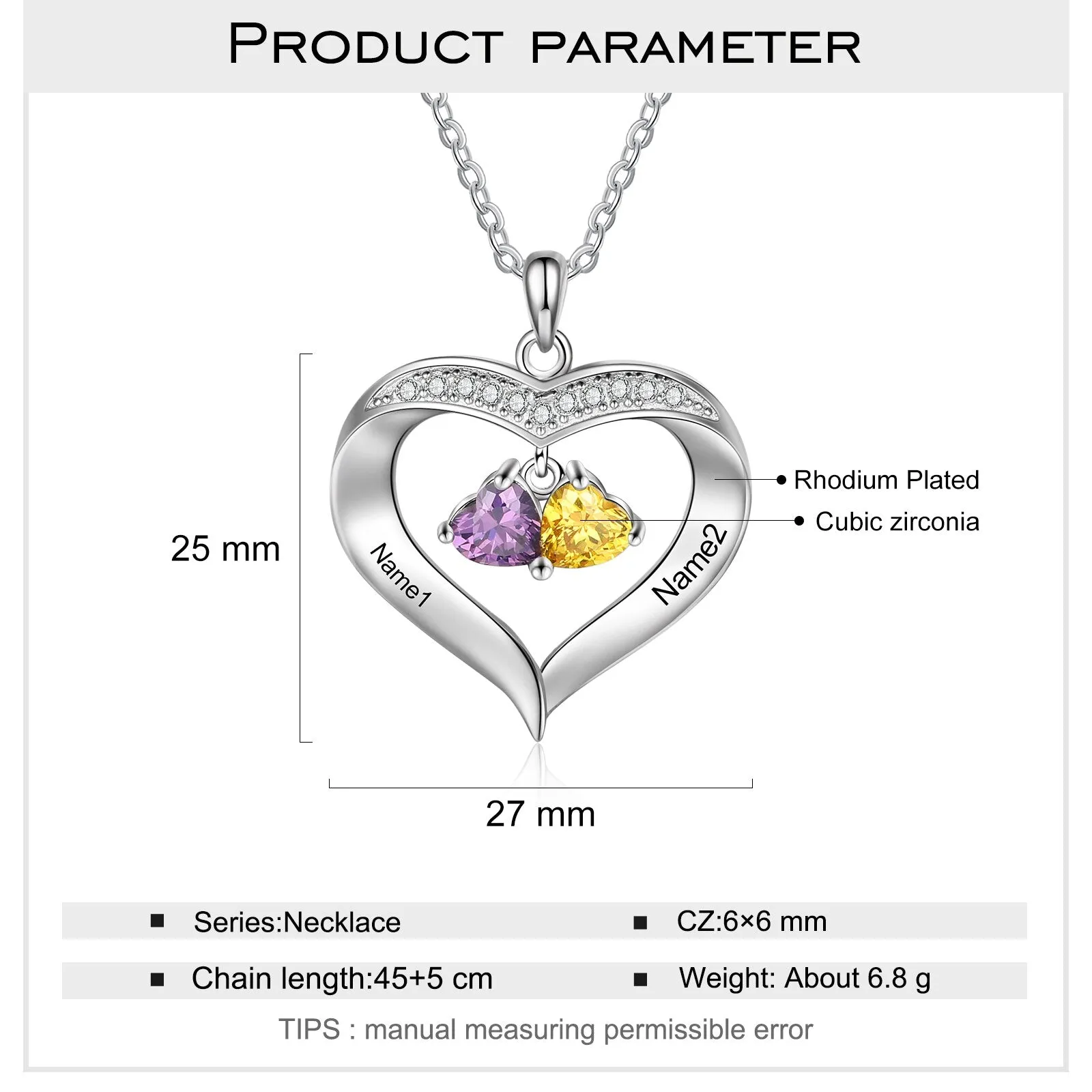 Personalized Heart Name Necklace with 1-8 Engraving Birthstone Pendant