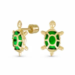 Petite CZ Stud Earrings Green Tortoise Turtle 14K Gold Secure Screw Back