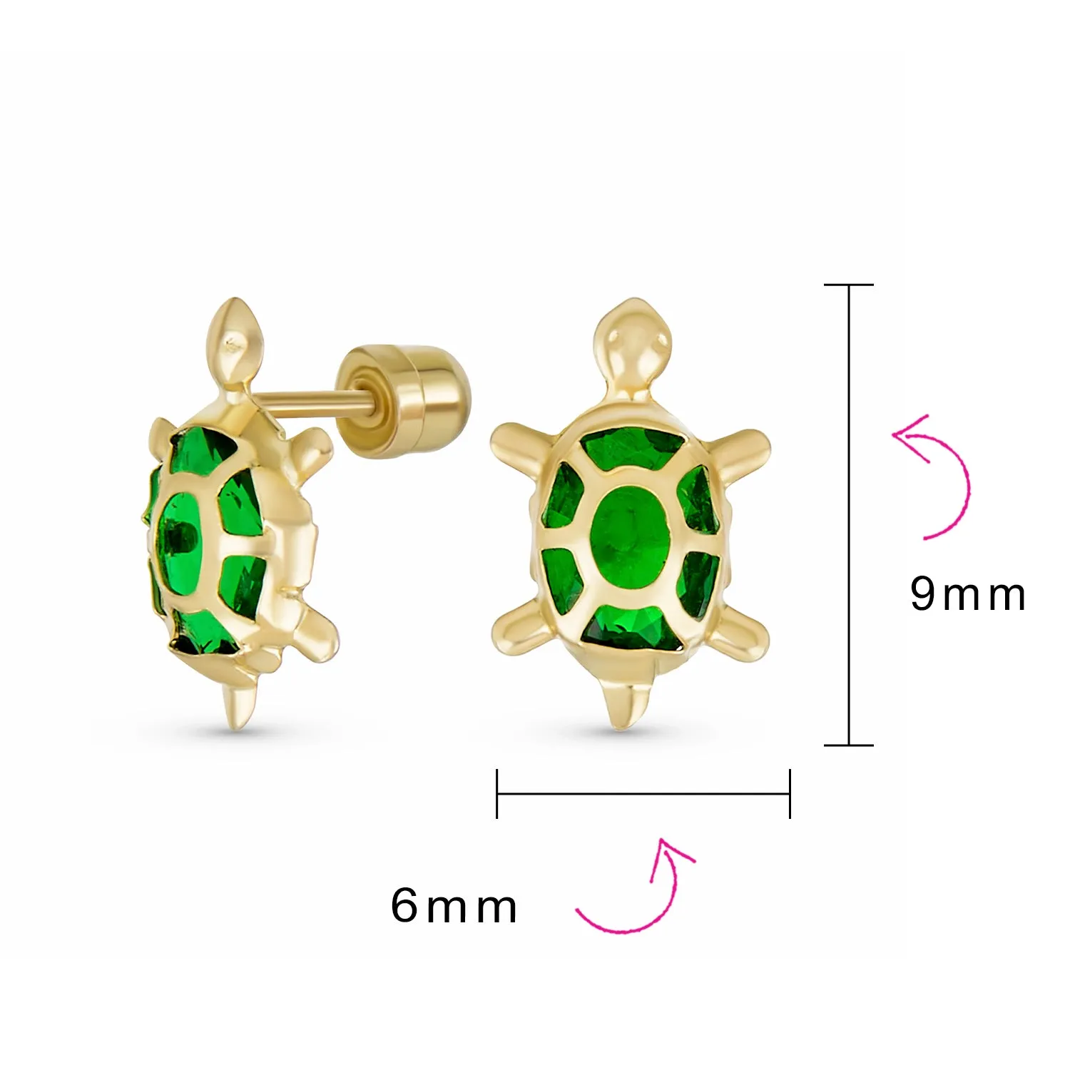 Petite CZ Stud Earrings Green Tortoise Turtle 14K Gold Secure Screw Back