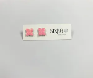 Pink Glitter Flower Stud Clay Earrings