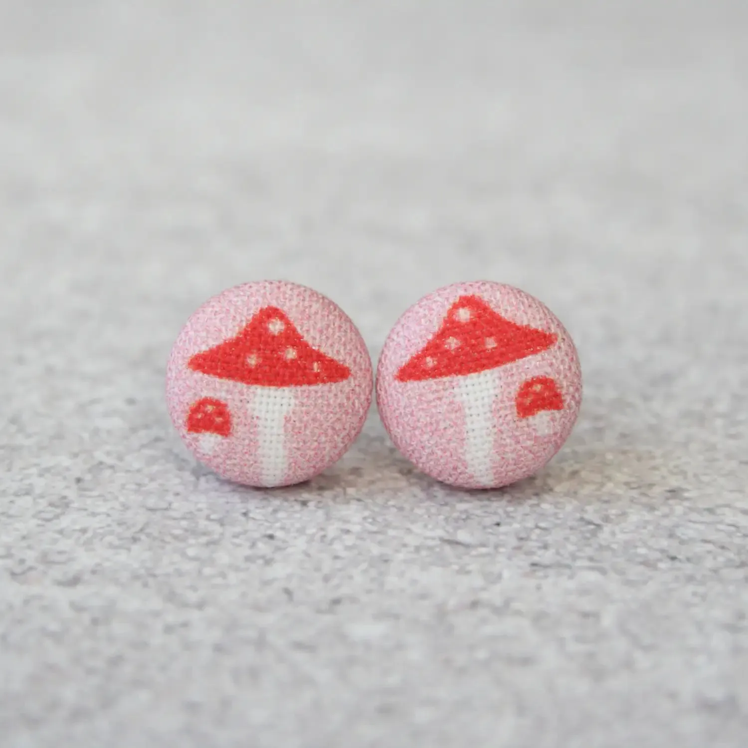 Pink Mushroom Fabric Button Earrings | Handmade in the US