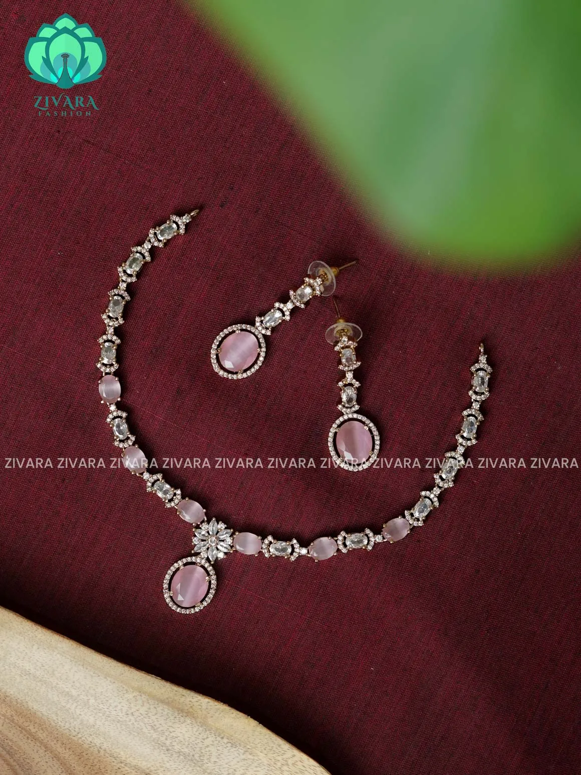 PINK  - stone OVAL pendant  stylish and minimal elegant neckwear with earrings- Zivara Fashion