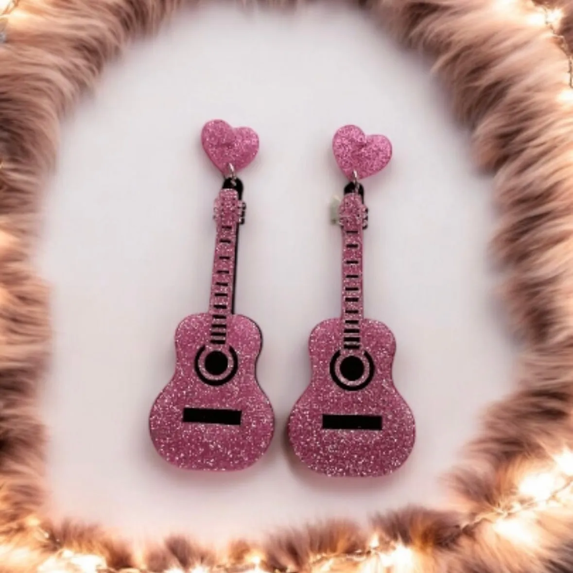 Quirky - Musical instrument earrings | glitter pink guitar earrings | funky pop art earrings | acrylic art oversize earrings | quirky fun