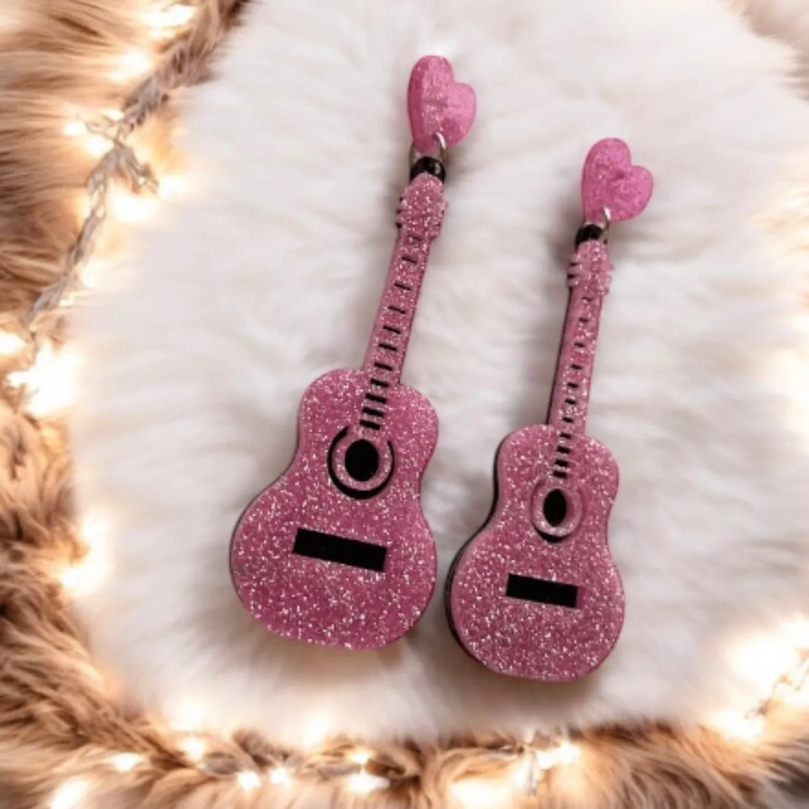 Quirky - Musical instrument earrings | glitter pink guitar earrings | funky pop art earrings | acrylic art oversize earrings | quirky fun