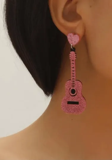 Quirky - Musical instrument earrings | glitter pink guitar earrings | funky pop art earrings | acrylic art oversize earrings | quirky fun