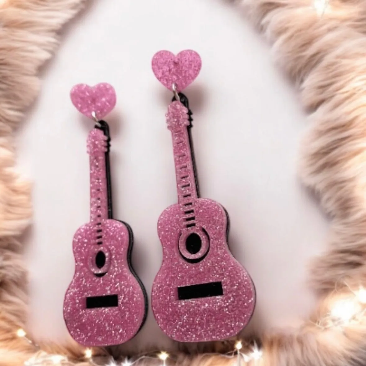 Quirky - Musical instrument earrings | glitter pink guitar earrings | funky pop art earrings | acrylic art oversize earrings | quirky fun