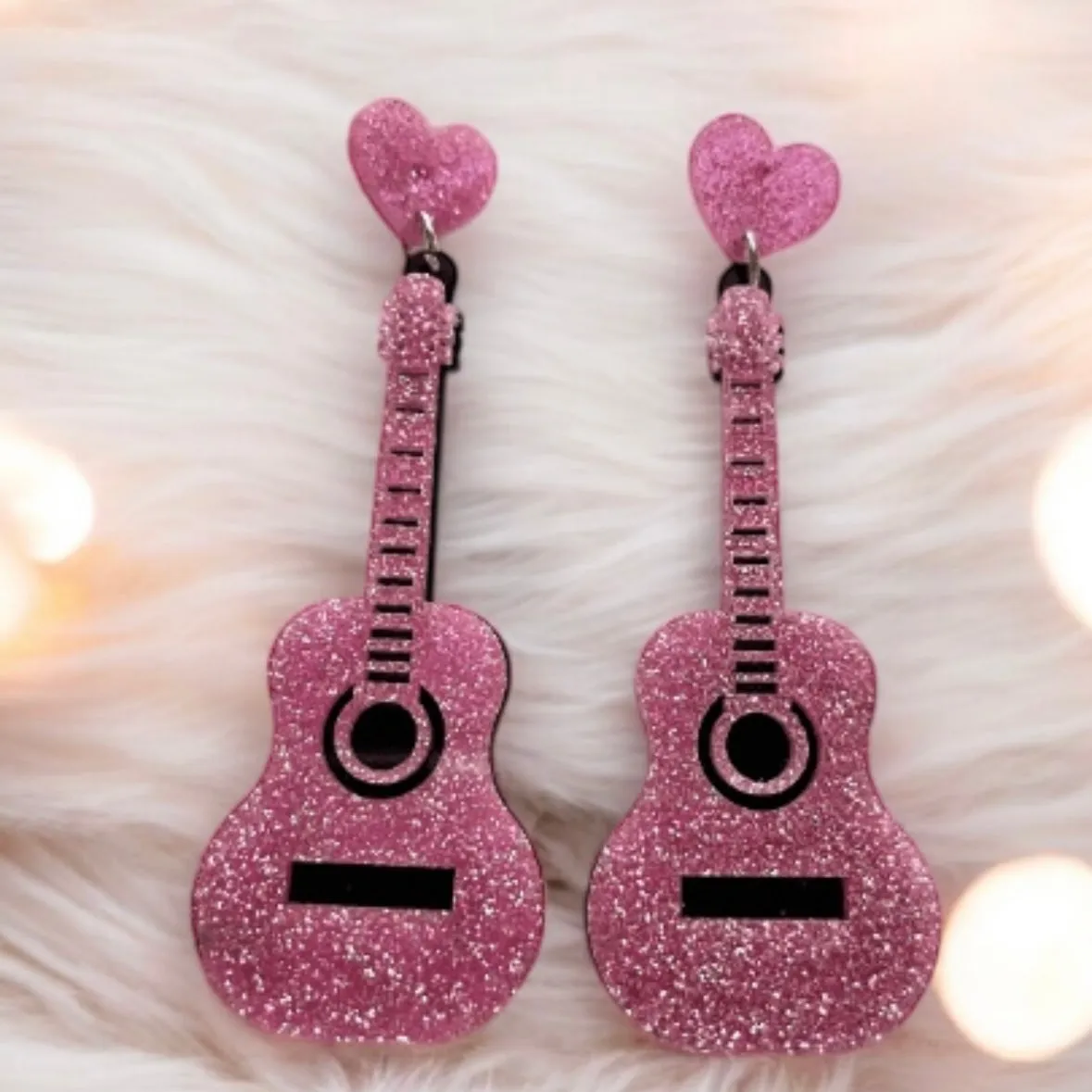 Quirky - Musical instrument earrings | glitter pink guitar earrings | funky pop art earrings | acrylic art oversize earrings | quirky fun