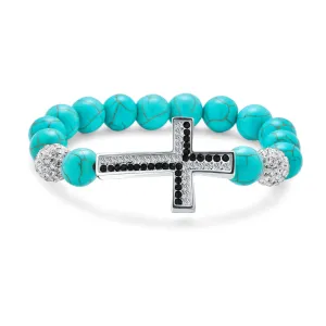 Religious Cross Black Onyx Turquoise Crystal Stretch Bracelet for Men Silver Plated