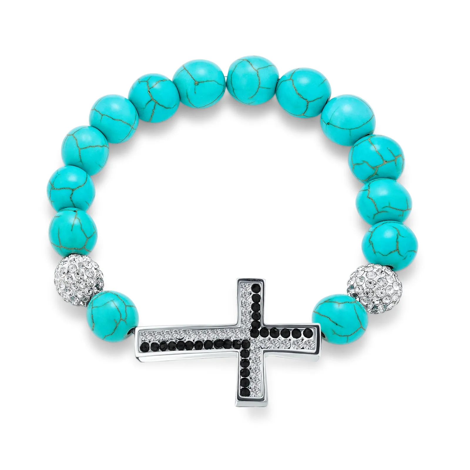 Religious Cross Black Onyx Turquoise Crystal Stretch Bracelet for Men Silver Plated