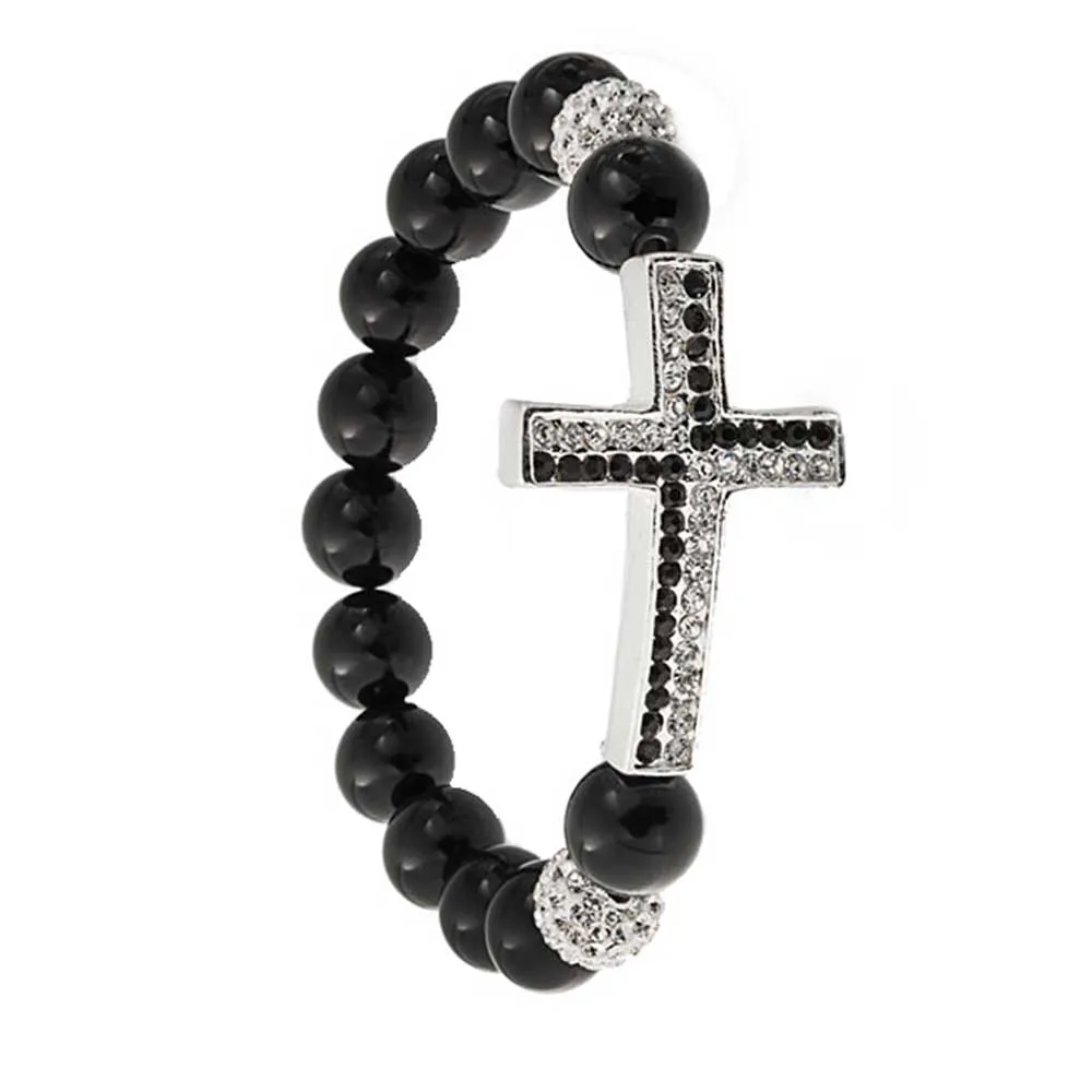 Religious Cross Black Onyx Turquoise Crystal Stretch Bracelet for Men Silver Plated