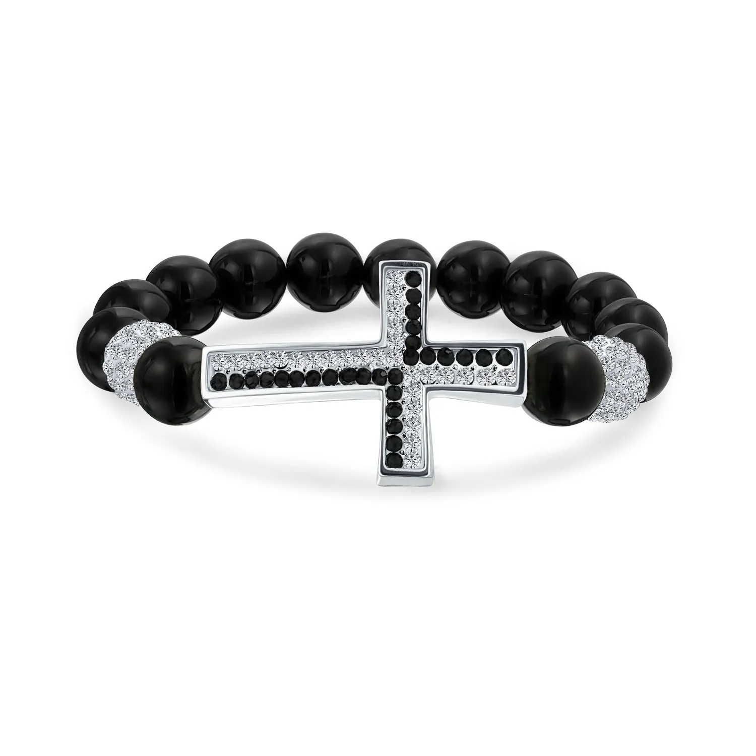 Religious Cross Black Onyx Turquoise Crystal Stretch Bracelet for Men Silver Plated