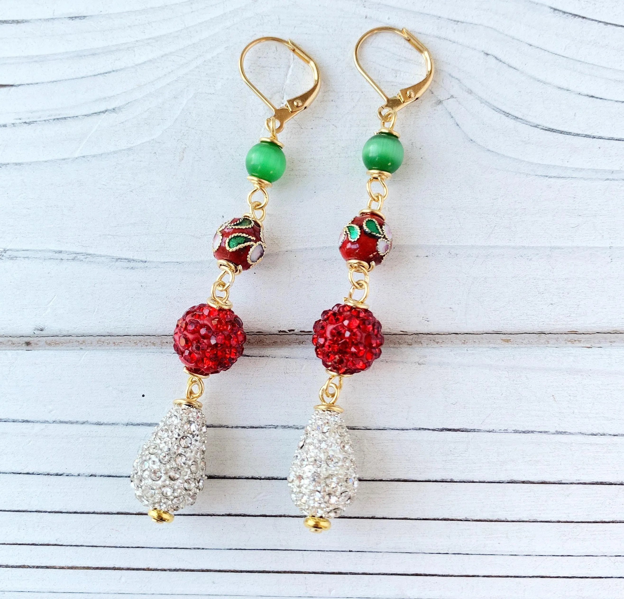 Rhinestone and Cloisonné Holiday Earrings