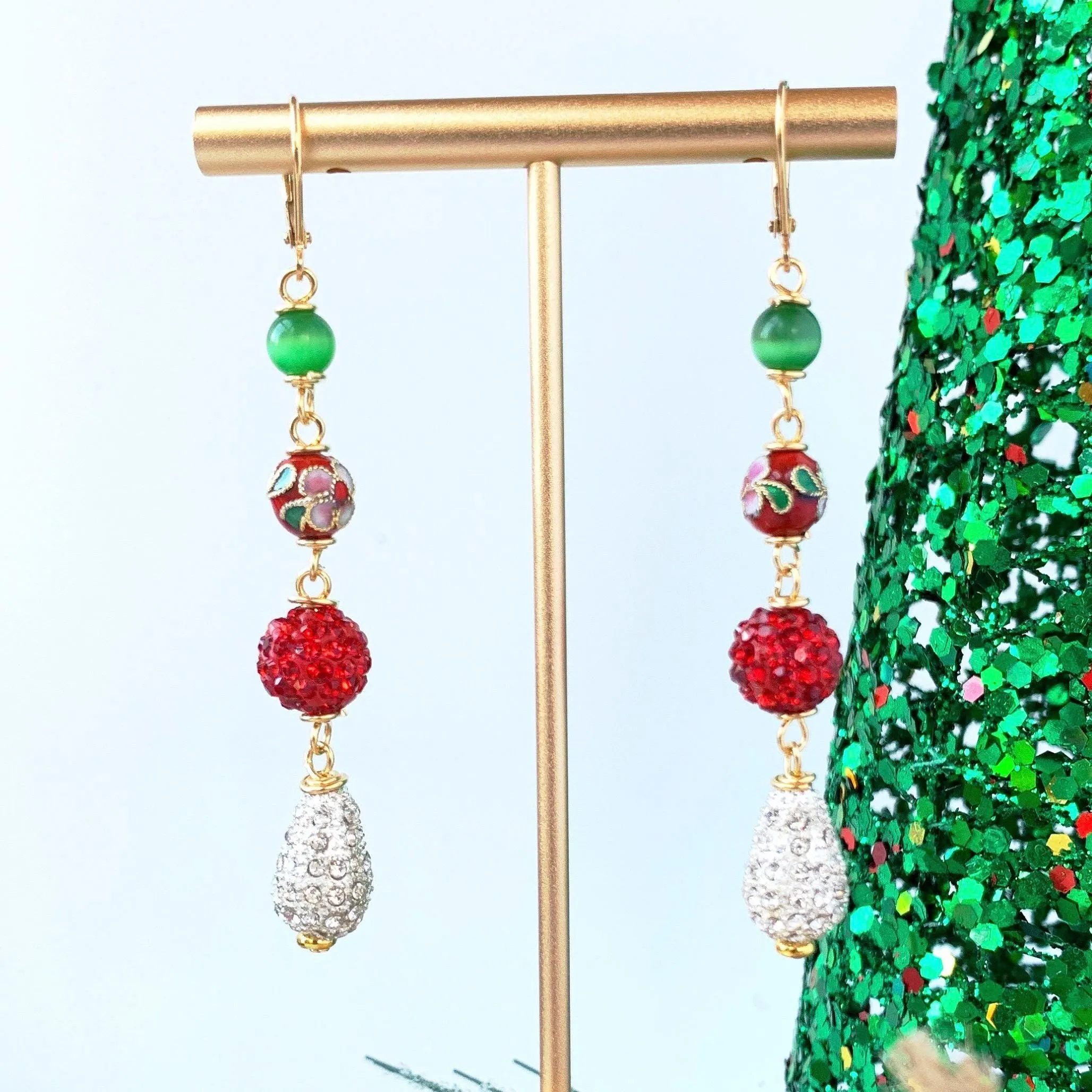 Rhinestone and Cloisonné Holiday Earrings