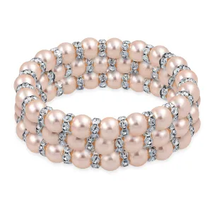 Set of 3 Light Pink Simulated Pearl Stretch Bracelets with Crystal Spacers