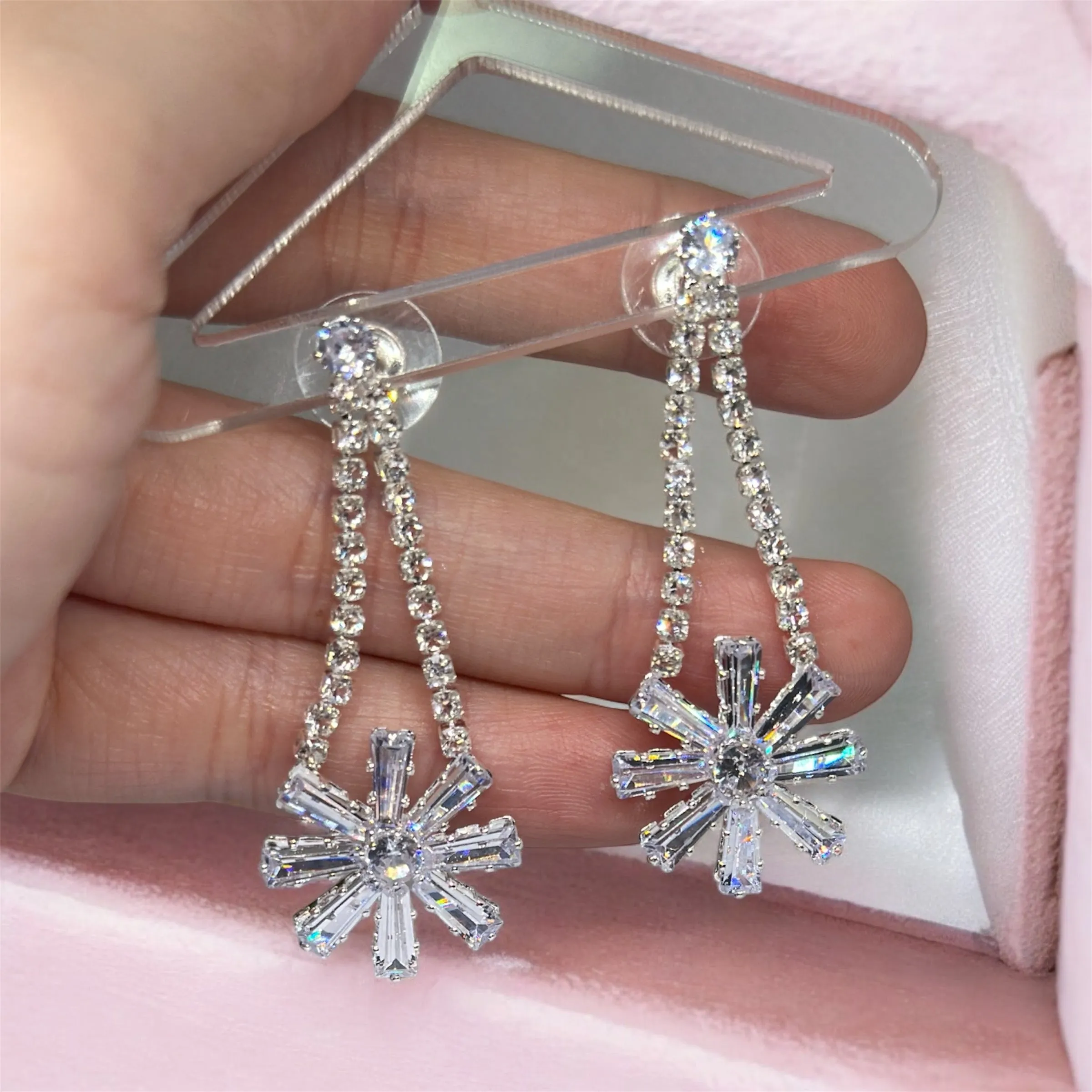 Silver stars diamante dangle earrings | Celestial snowflakes drop earrings | swing Christmas earrings