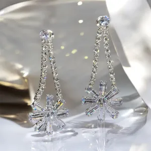 Silver stars diamante dangle earrings | Celestial snowflakes drop earrings | swing Christmas earrings