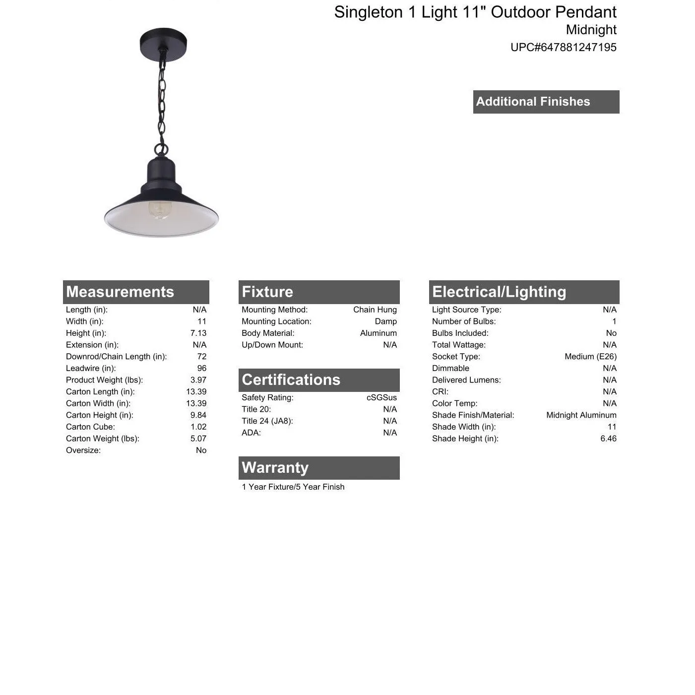 Singleton 1 Light 11" Outdoor Pendant in Midnight