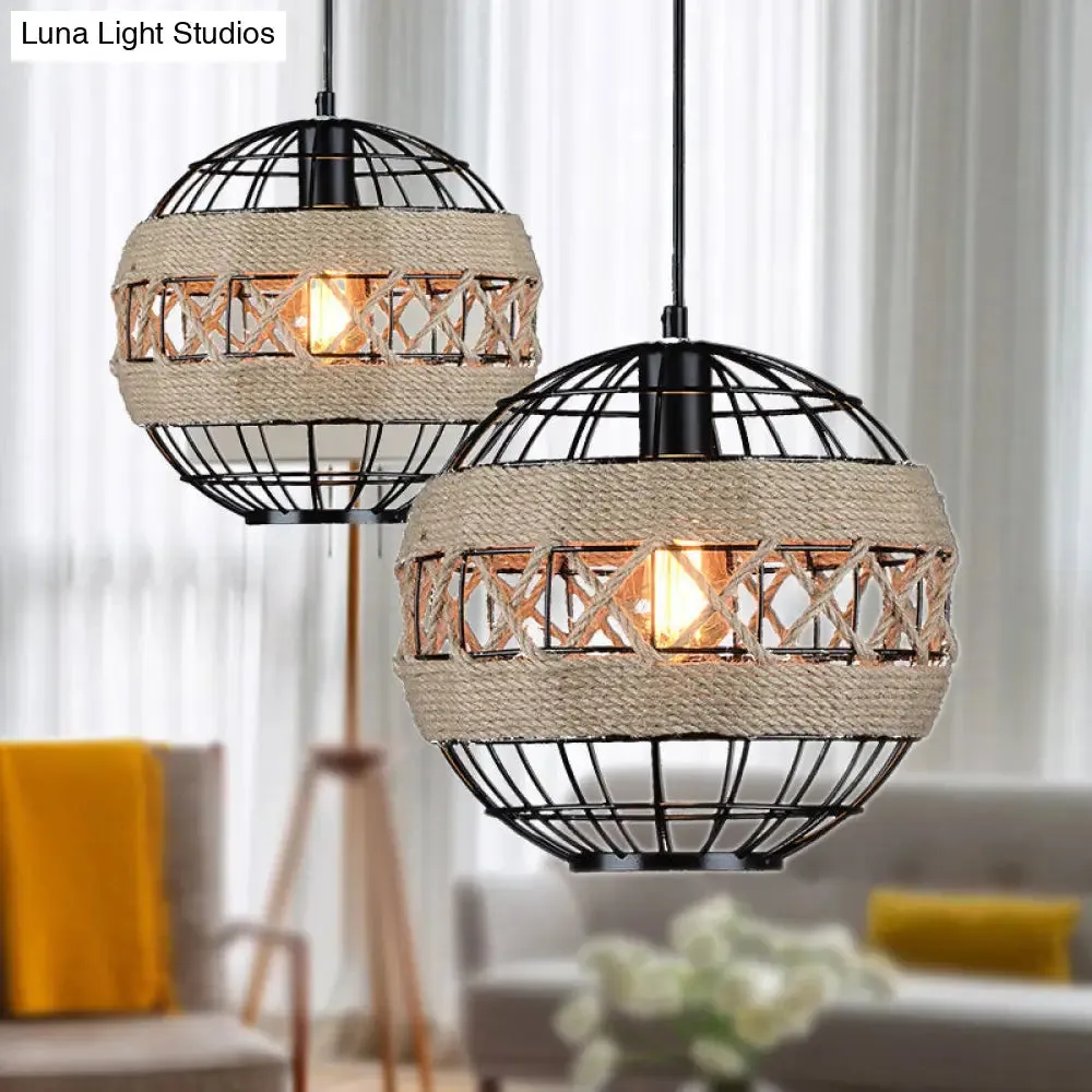 Sleek Sphere Pendant Light with Metal Frame and Rope Detail - Rustic 1-Light, Black