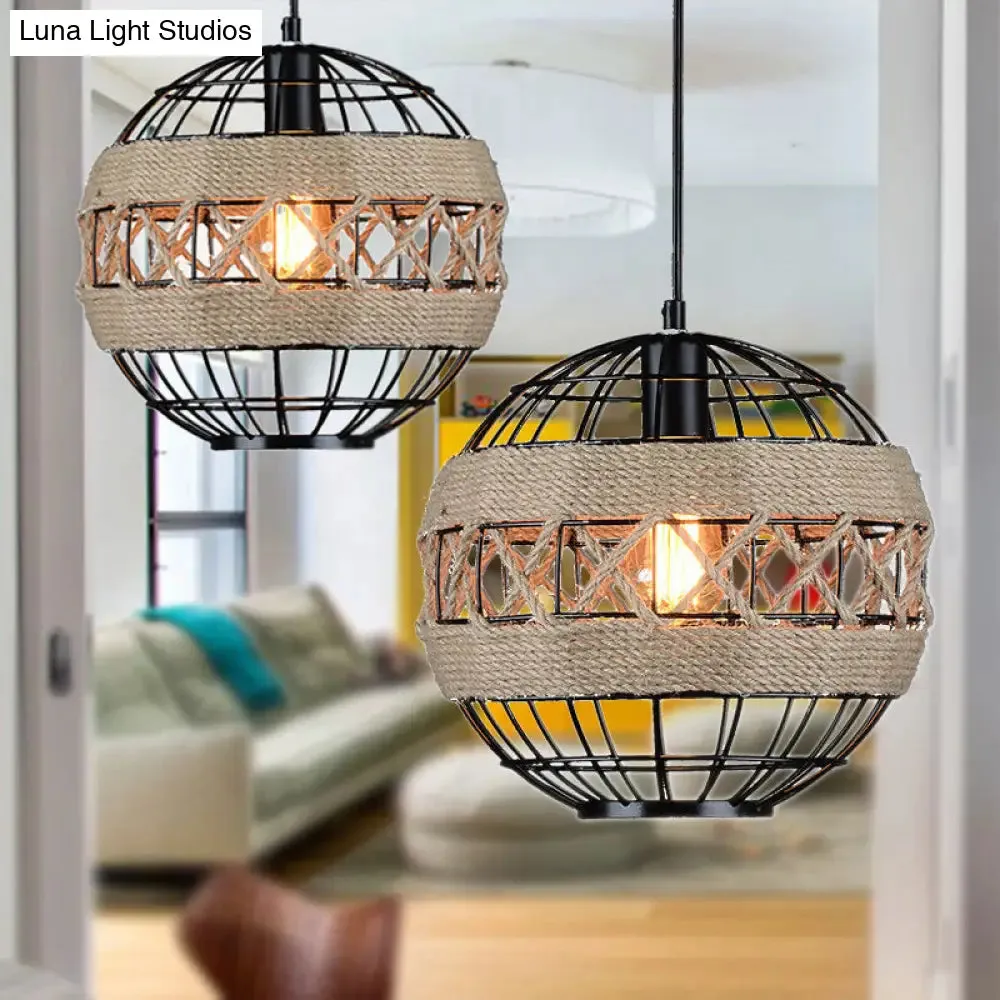 Sleek Sphere Pendant Light with Metal Frame and Rope Detail - Rustic 1-Light, Black