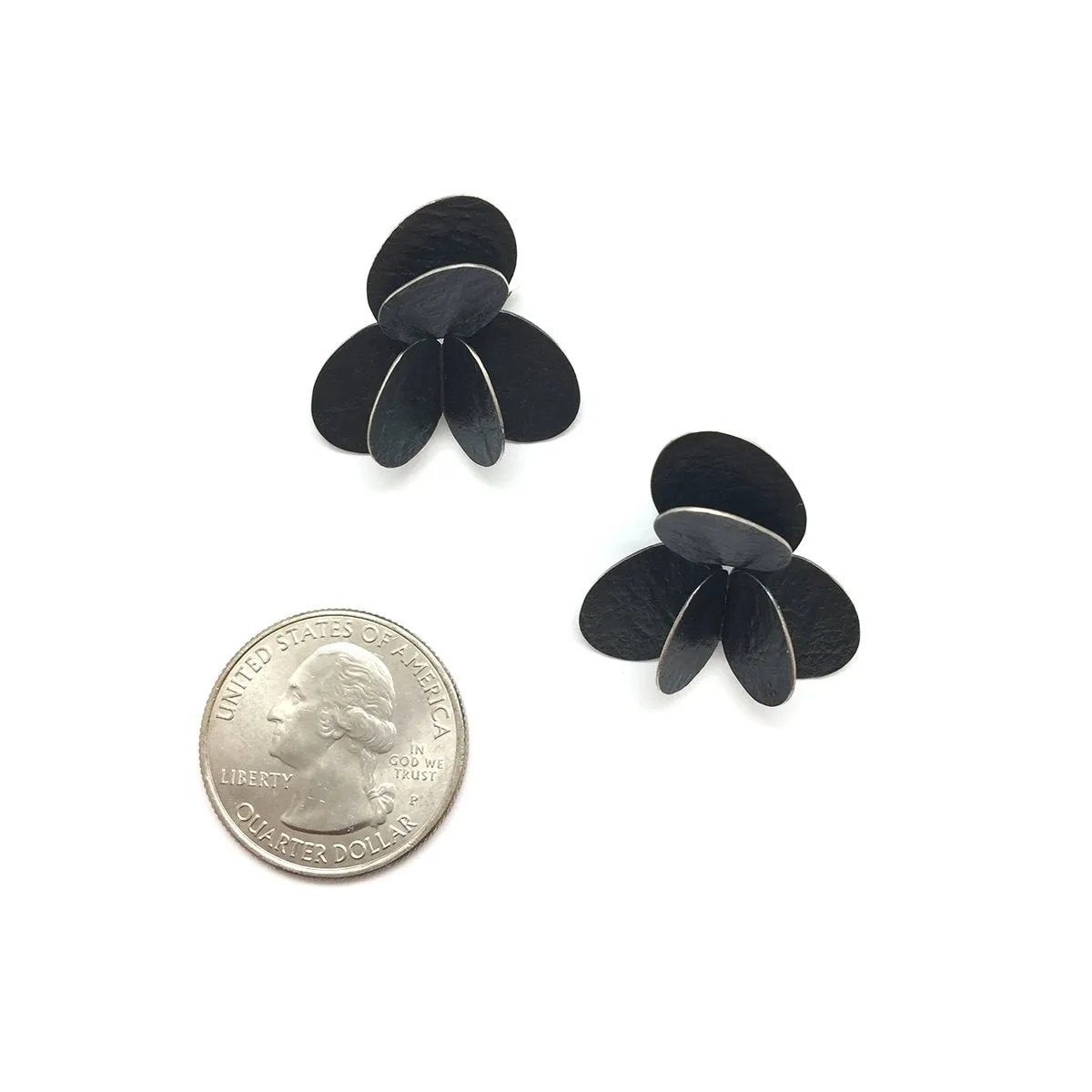 Small 3D Petal Earrings - Oxidized Silver