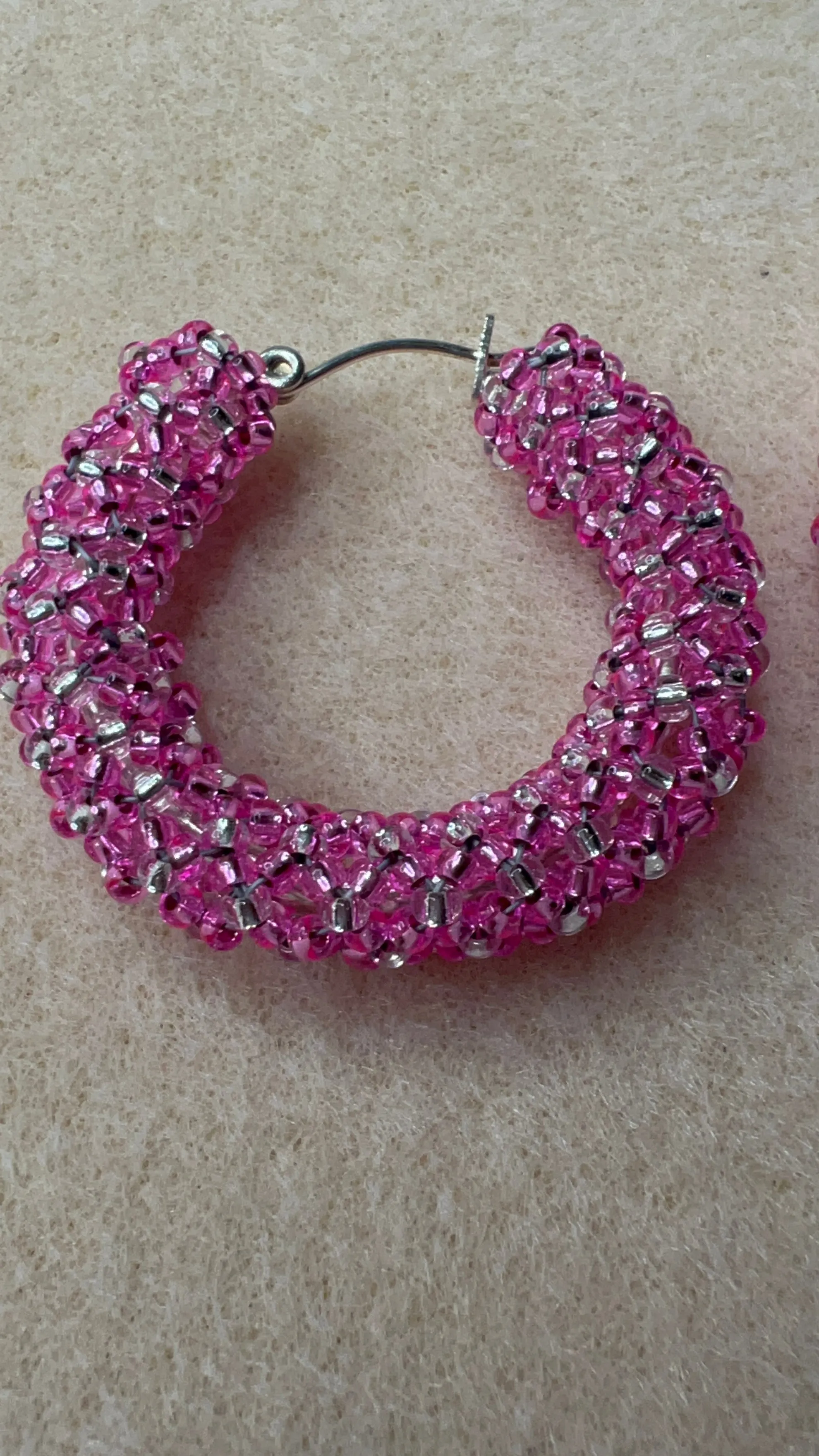 Sparkling Pink Netted Rope with silver Hoop Earrings