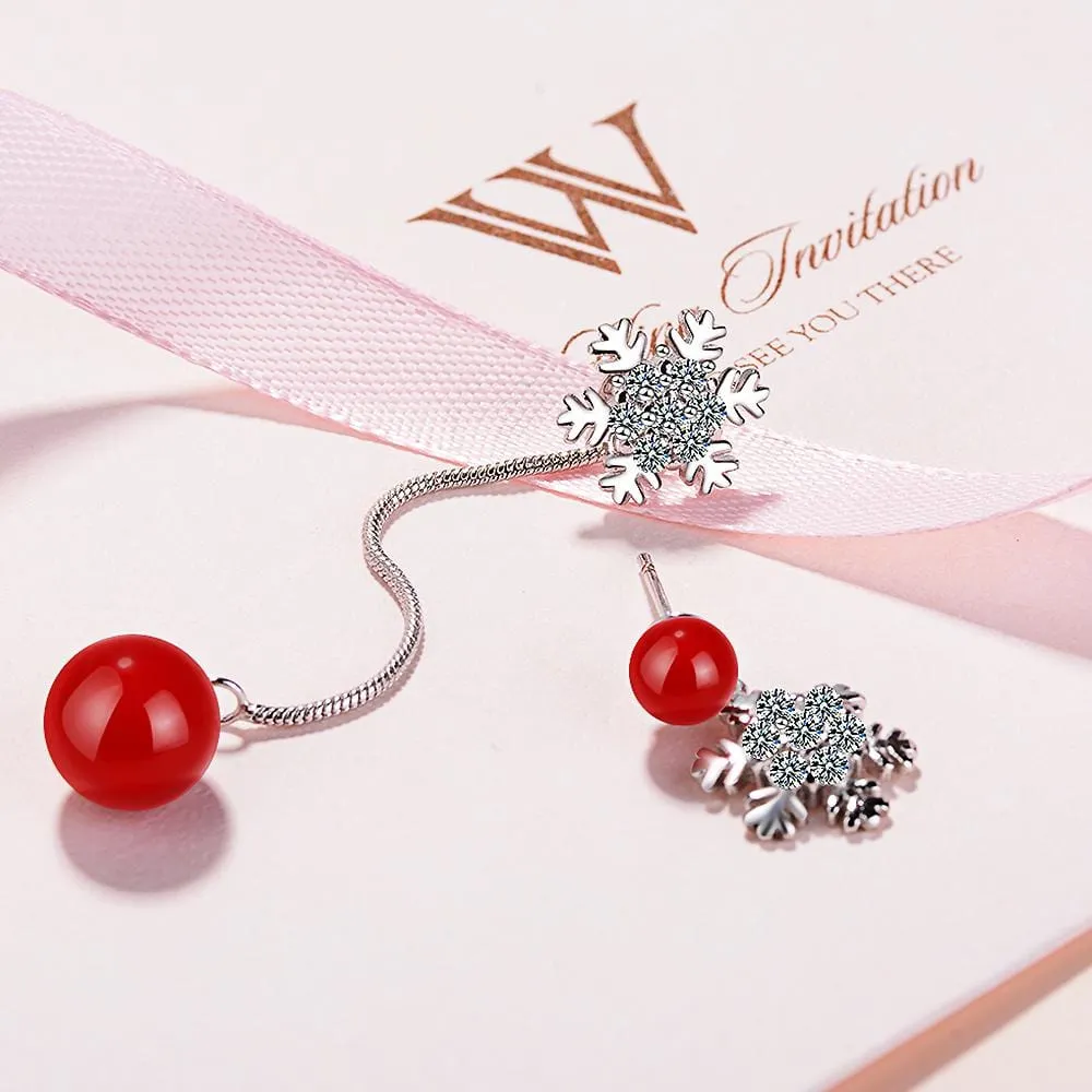 Sparkling Zirconias Snow with Red Pearl Drop Earrings