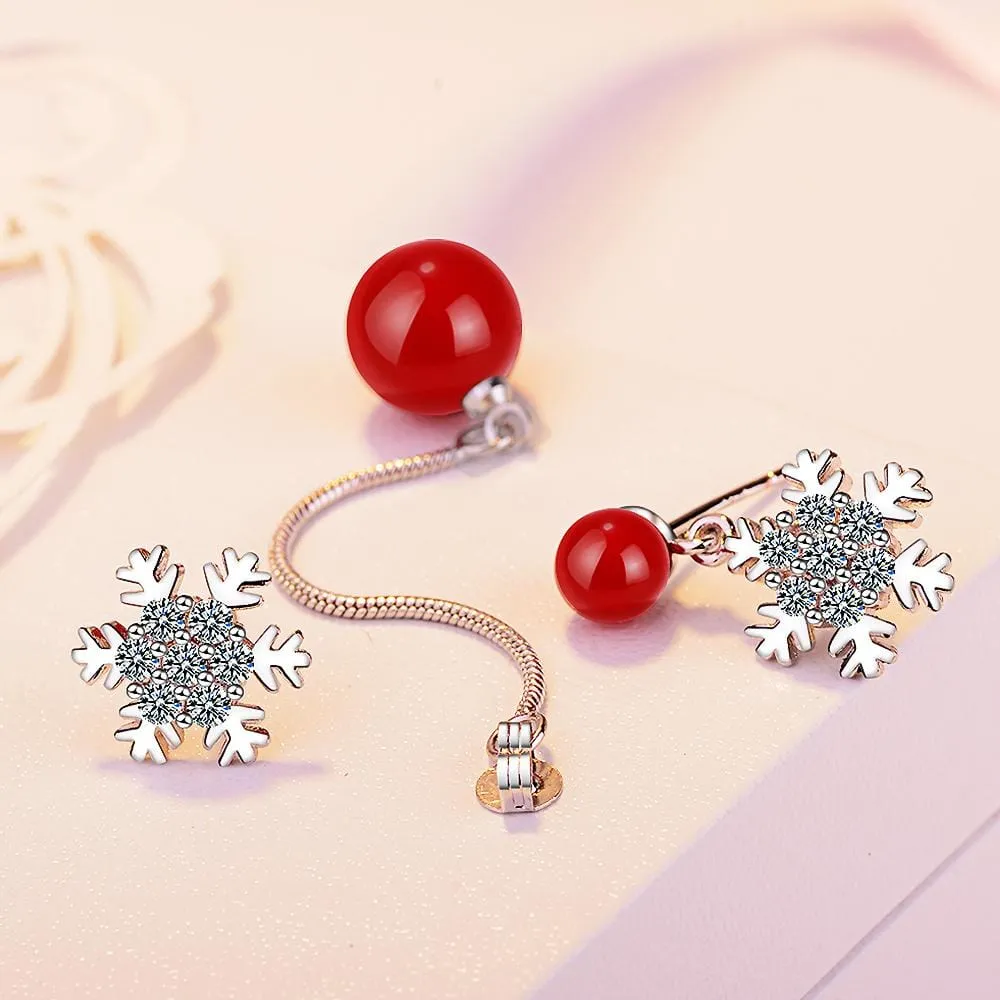 Sparkling Zirconias Snow with Red Pearl Drop Earrings