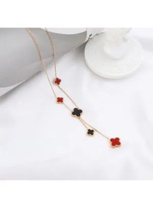 Stylish Double Sided Red and Black Clover Shell Pendant Necklace for Women - Timeless Beauty in Stainless Steel 18k