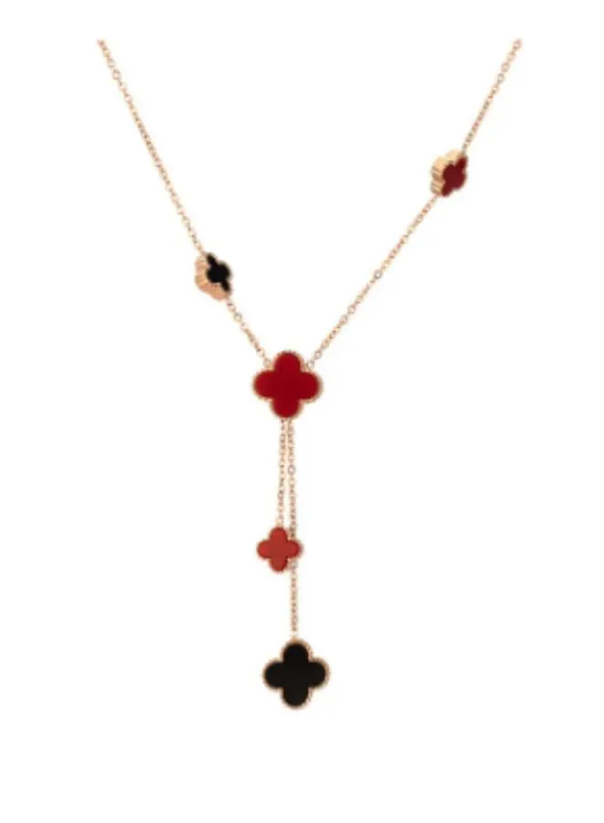 Stylish Double Sided Red and Black Clover Shell Pendant Necklace for Women - Timeless Beauty in Stainless Steel 18k