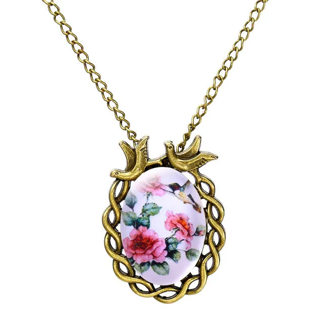 Tomtosh Summer style jewelry vintage antique bronze oval flower alloy bird necklace glass cabochon Statement Necklace For Women