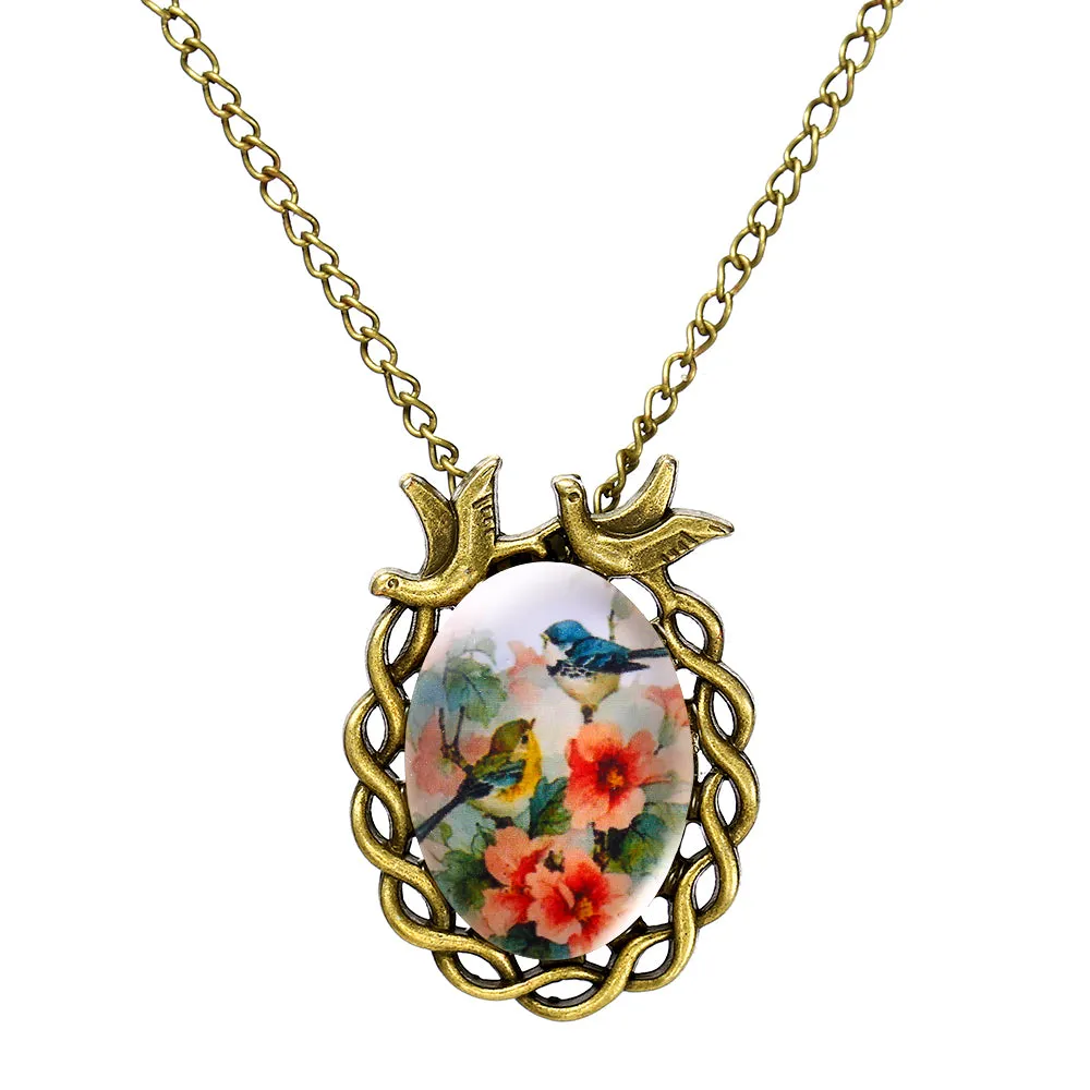 Tomtosh Summer style jewelry vintage antique bronze oval flower alloy bird necklace glass cabochon Statement Necklace For Women