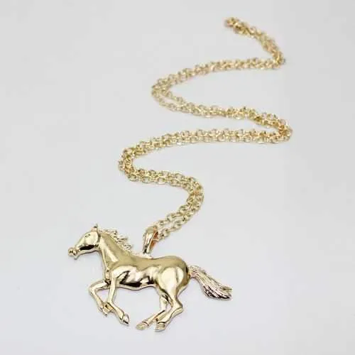 Trendy Silver Gold Color Horse Pendant Necklace Sweater Chain for Women