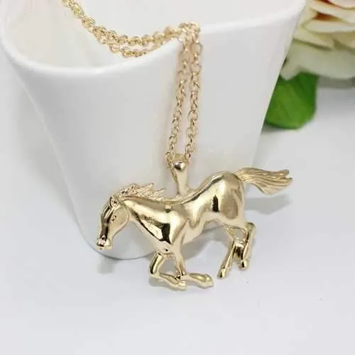 Trendy Silver Gold Color Horse Pendant Necklace Sweater Chain for Women