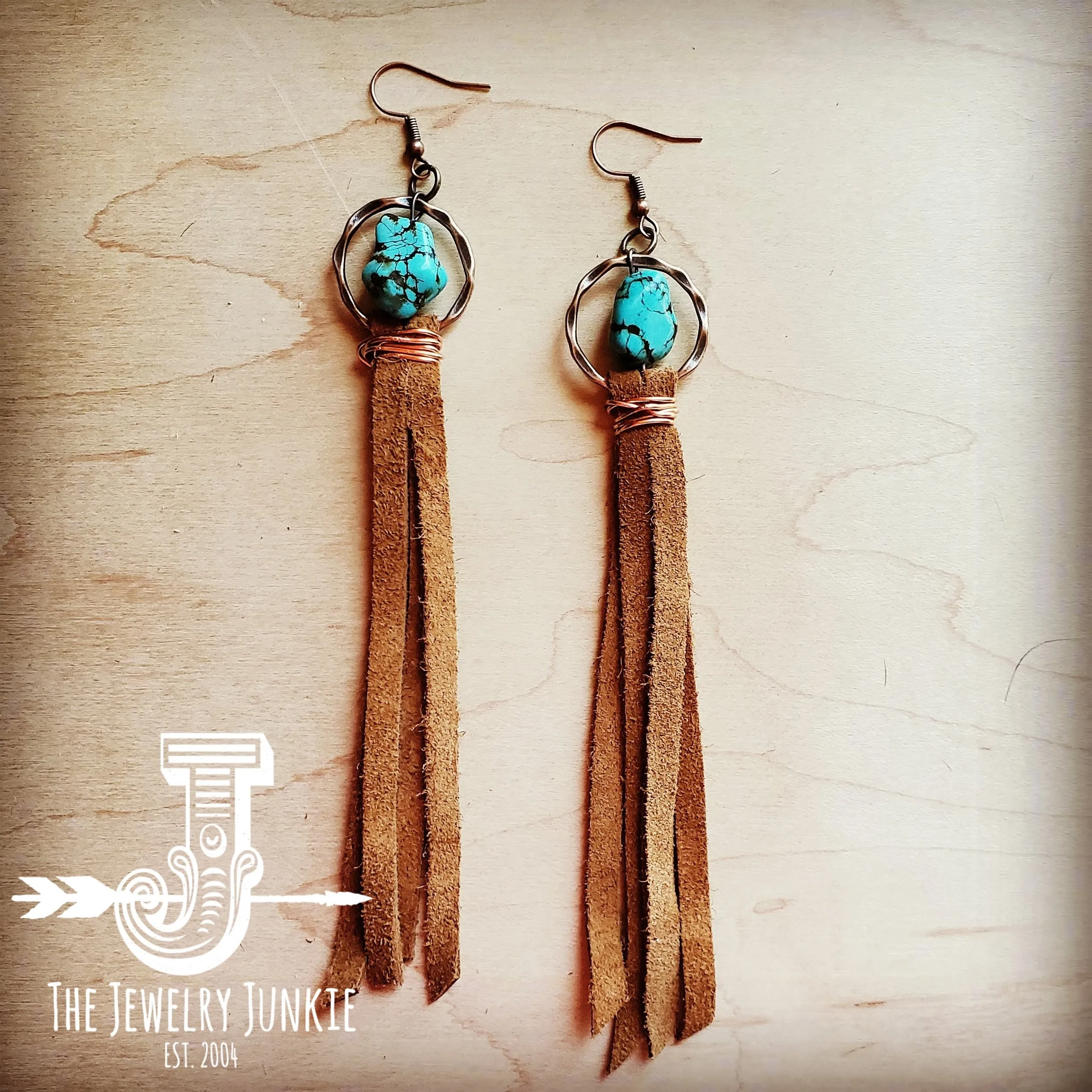 Turquoise Drop Earrings w/ Suede Leather Tassel 202s