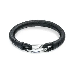 Unisex Black Woven Leather Cuff Bracelet with Large Stainless Hook Clasp